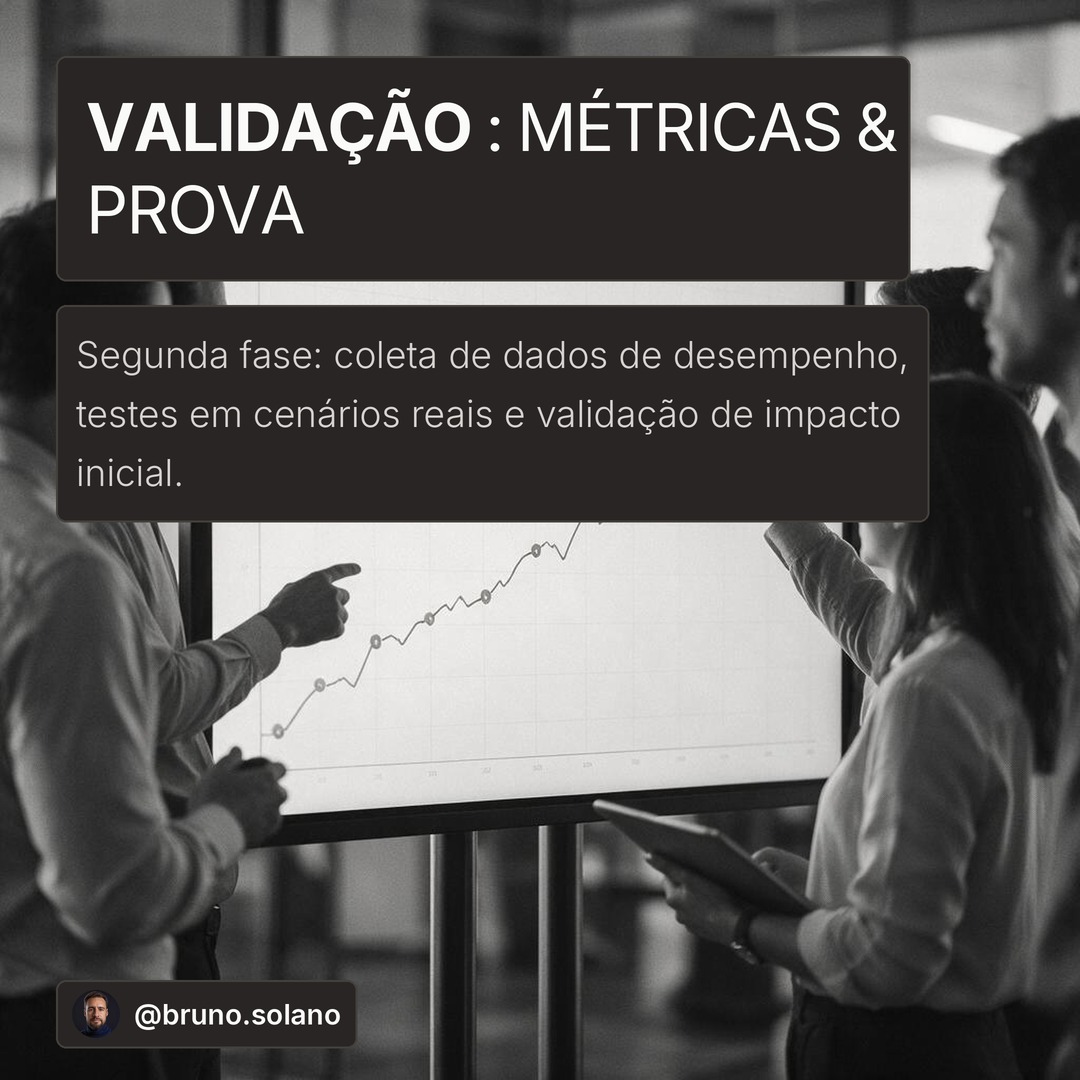 Slide 2: Validacao - Metricas & Prova. Segunda fase: coleta de dados de desempenho, testes em cenarios reais e validacao de impacto inicial.