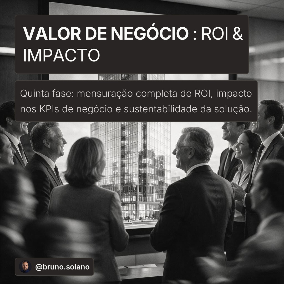 Slide 5: Valor de Negocio - ROI & Impacto. Quinta fase: mensuracao completa de ROI, impacto nos KPIs de negocio e sustentabilidade da solucao.