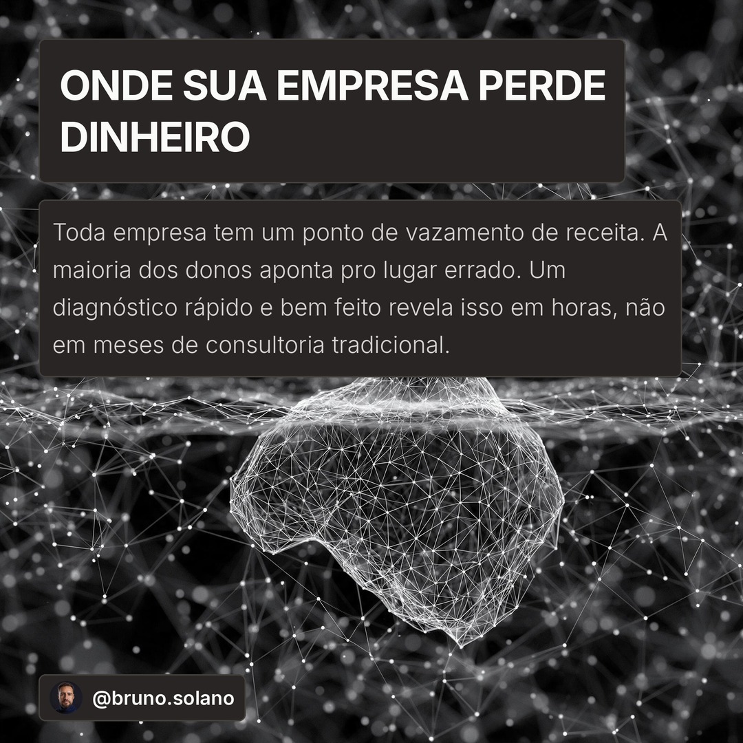 Ilustração em wireframe Plexus de um iceberg representando o sintoma visível acima da linha d'água e a causa raiz invisível abaixo, com o texto "Onde sua empresa perde dinheiro"