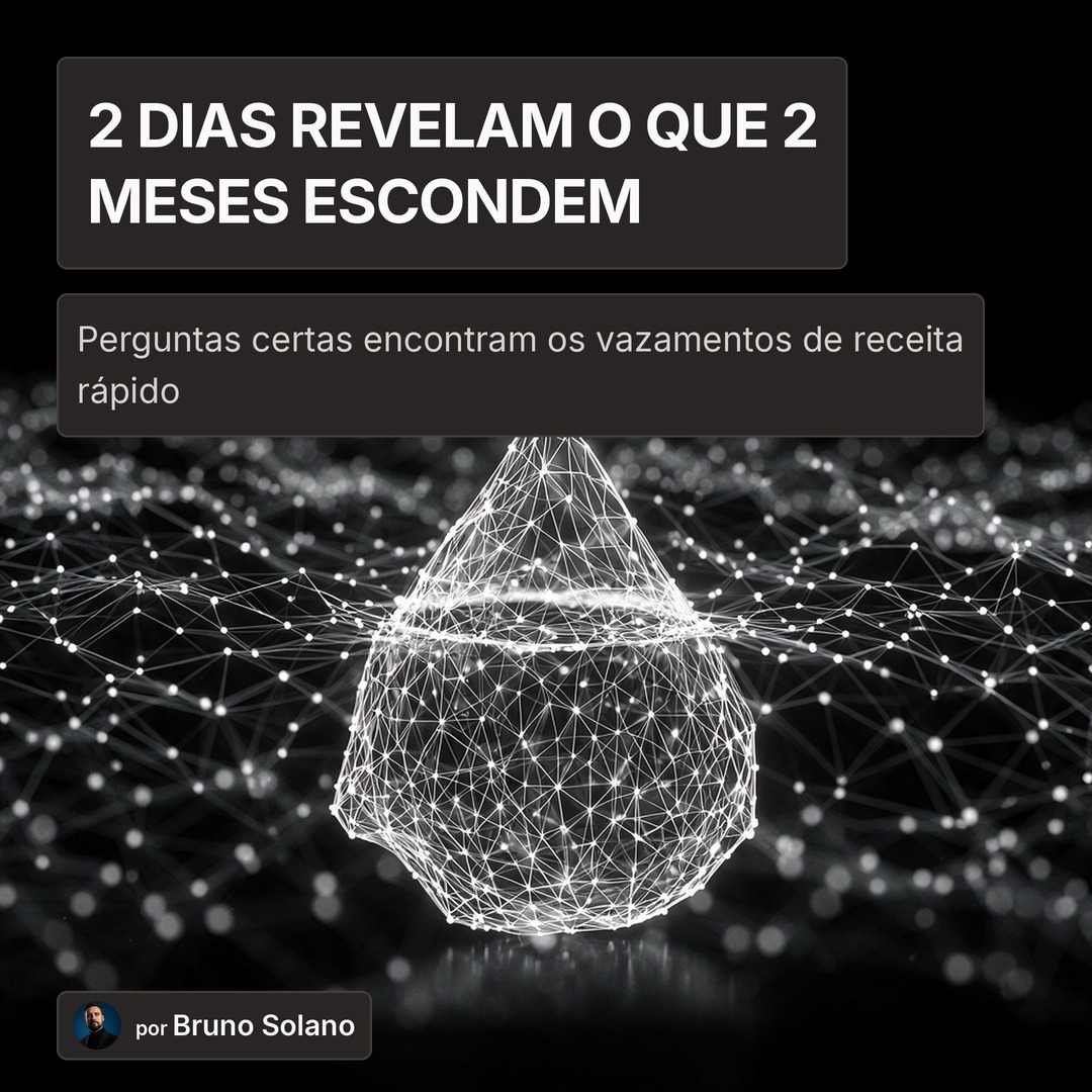 Ilustração em wireframe Plexus dark de um iceberg mostrando sintoma visível vs causa invisível, com título "2 dias revelam o que 2 meses escondem"