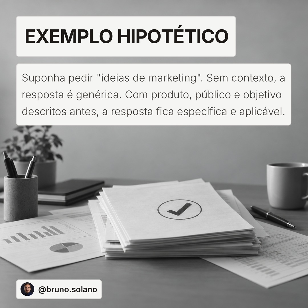 Slide 3: Exemplo hipotetico. Pilha de planilhas numa mesa limpa, a primeira folha carimbada com check.